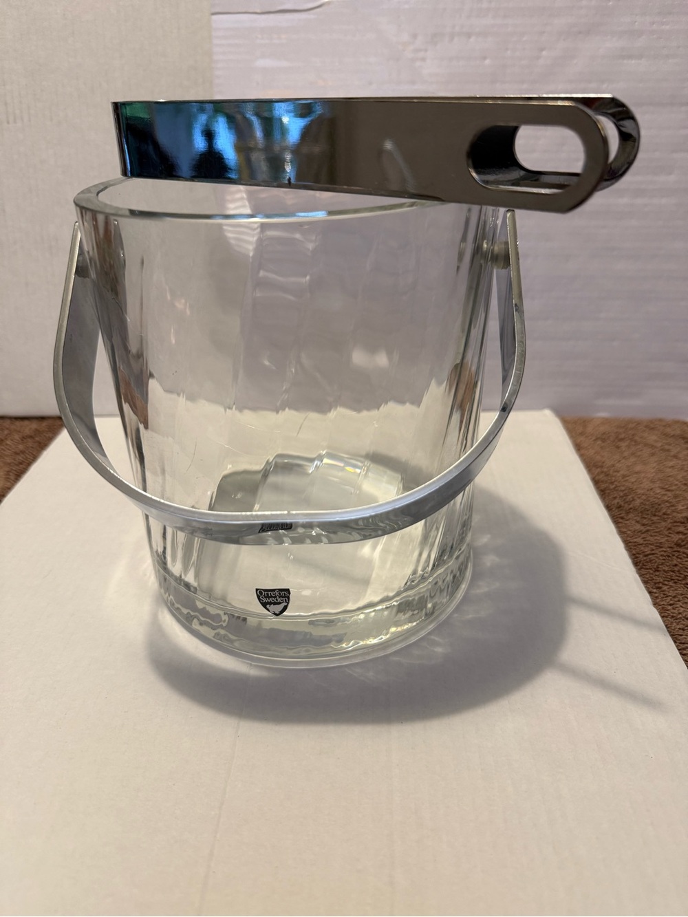 Orrefors Clear Glass Ice Bucket with Silver Handle